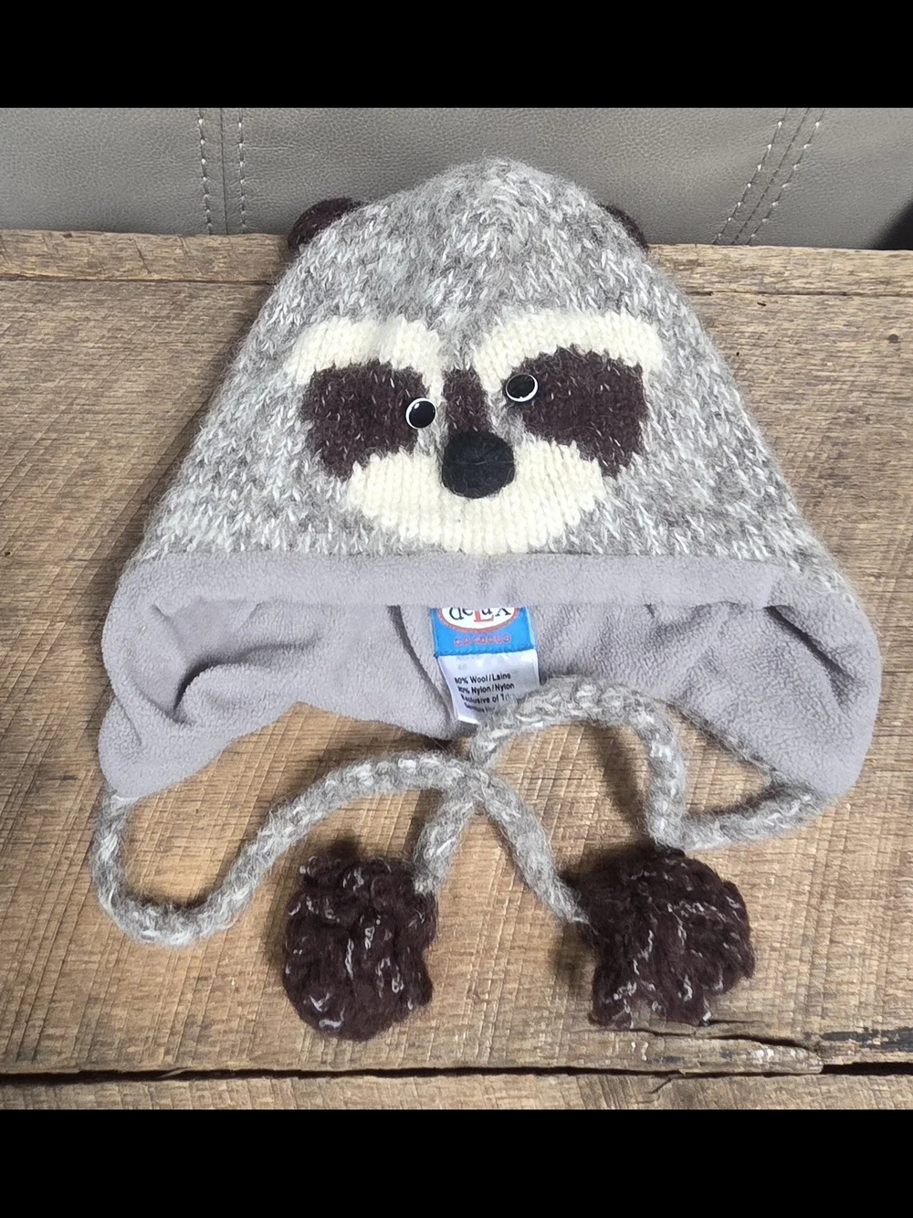 deLux Kid Raccoon Hat Knit Beanie  Fleece Lined Cap ~ Bin PP